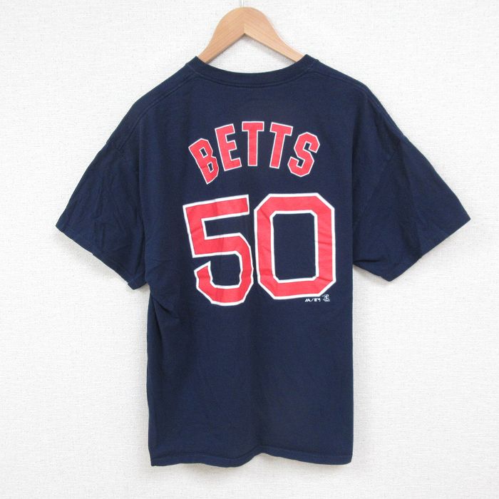 XL★古着 マジェスティック 半袖 Tシャツ メンズ MLB ボストンレッドソックス ムーキーベッツ 50 クルーネック 紺 ネイビー メジャーリーグ ベースボール 野球 25may22 中古