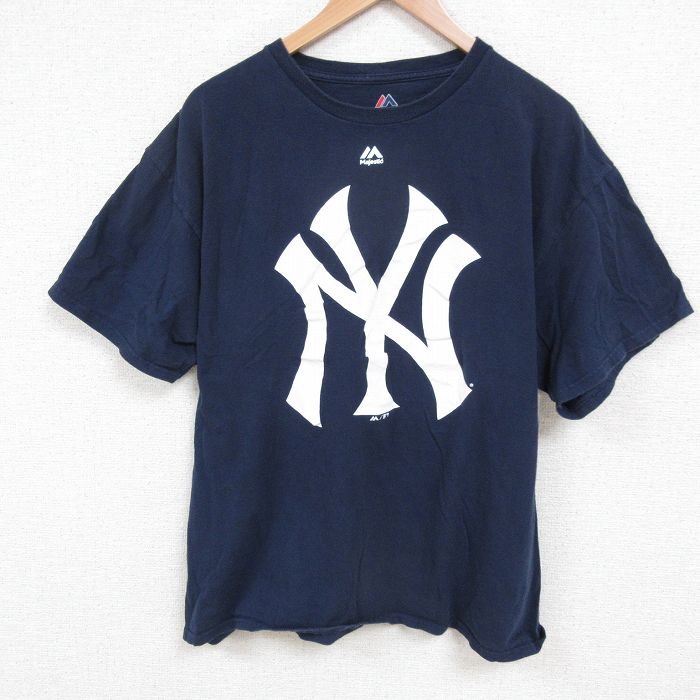 XL★古着 マジェスティック 半袖 Tシャツ メンズ MLB ニューヨークヤンキース 大きいサイズ クルーネック 紺 ネイビー メジャーリーグ ベースボール 野球 25may22 中古