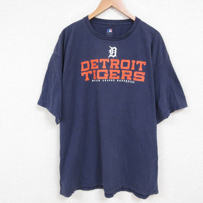 【50%OFF】XL★古着 半袖 Tシャツ メンズ MLB デトロイトタイガース 大きいサイズ コットン クルーネック 紺 ネイビー メジャーリーグ ベースボール 野球 25may22 中古