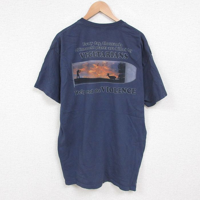 【50%OFF】XL★古着 半袖 Tシャツ メンズ ハンティング 大きいサイズ ロング丈 コットン クルーネック 紺 ネイビー 25may22 中古