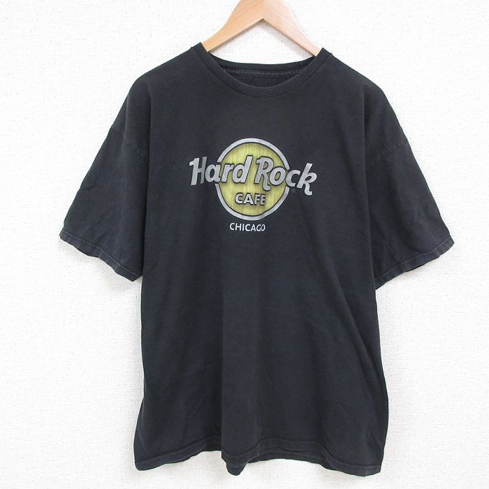 XL★古着 半袖 Tシャツ メンズ ハードロックカフェ シカゴ コットン クルーネック 黒 ブラック 25may22 中古