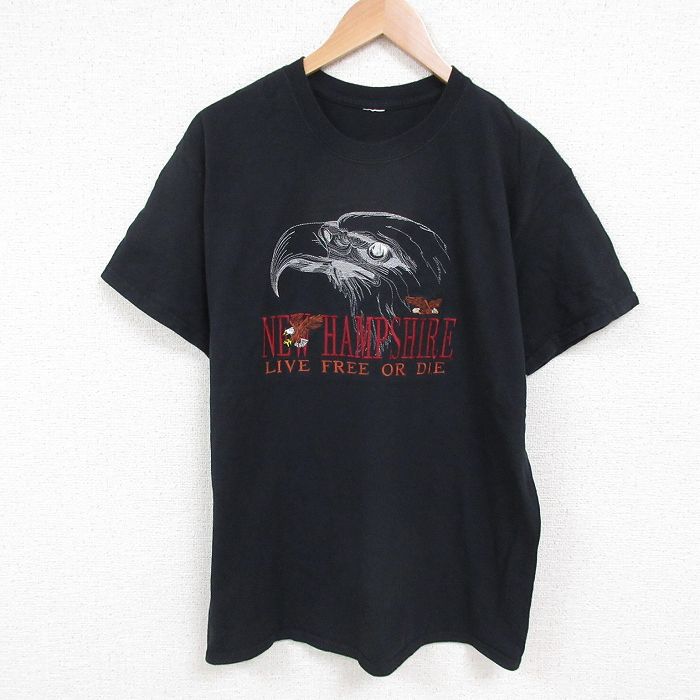 L★古着 半袖 Tシャツ メンズ 鳥 ニューハンプシャー 刺繍 クルーネック 黒 ブラック 25may22 中古