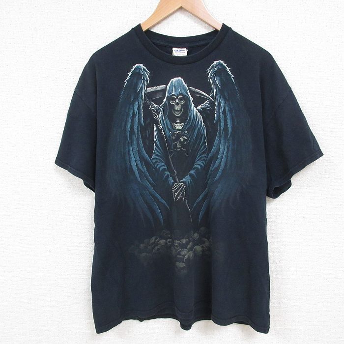 【50%OFF】XL★古着 半袖 Tシャツ メンズ 死神 スケルトン コットン クルーネック 黒 ブラック 25may22 中古