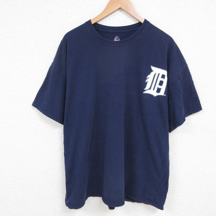 XL★古着 マジェスティック 半袖 Tシャツ メンズ MLB デトロイトタイガース 大きいサイズ クルーネック 紺 ネイビー メジャーリーグ ベースボール 野球 25may22 中古