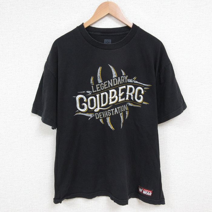 XL★古着 半袖 Tシャツ メンズ ワールドプロレスリング ビルゴールドバーグ コットン クルーネック 黒 ブラック 25may22 中古