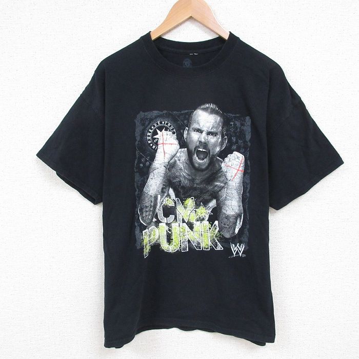 XL★古着 半袖 Tシャツ メンズ ワールドプロレスリング CMパンク コットン クルーネック 黒 ブラック 25may22 中古