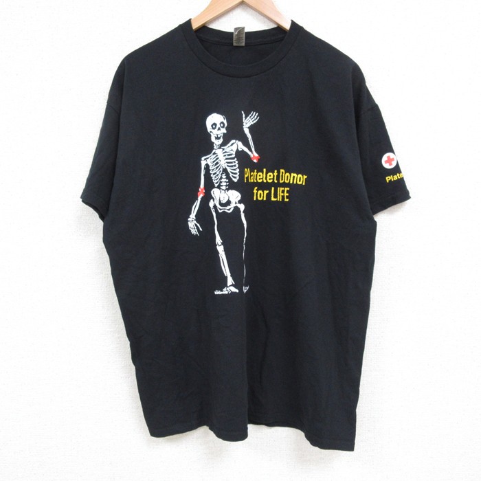 XL★古着 半袖 Tシャツ メンズ スケルトン コットン クルーネック 黒 ブラック 25may22 中古