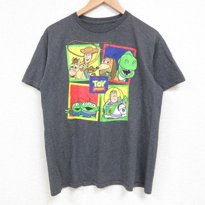 L★古着 半袖 Tシャツ メンズ ディズニー DISNEY トイストーリー バズライトイヤー ウッディ クルーネック 濃グレー 霜降り 25may22 中古