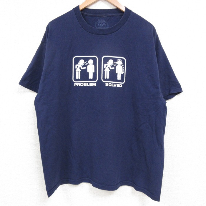 L★古着 半袖 Tシャツ メンズ PROBLEM SOLVED コットン クルーネック 紺 ネイビー 25may22 中古
