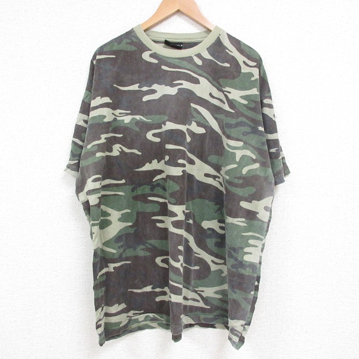 XL★古着 半袖 Tシャツ メンズ 大きいサイズ コットン クルーネック 緑他 グリーン 迷彩 25may22 中古