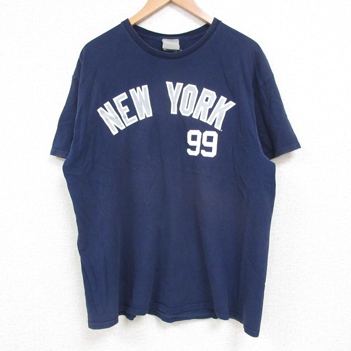 L★古着 半袖 Tシャツ メンズ MLB ニューヨークヤンキース アーロンジャッジ 99 コットン クルーネック 紺 ネイビー メジャーリーグ ベースボール 野球 25may22 中古