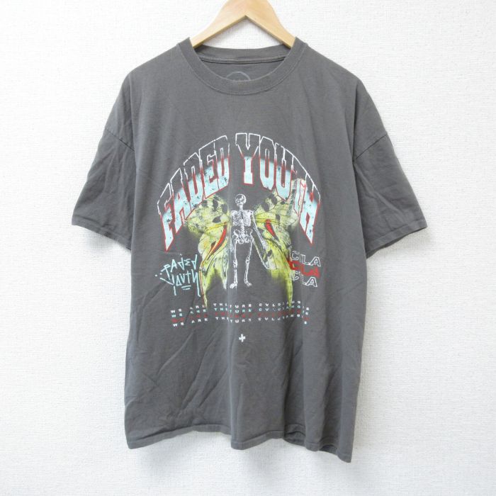 XL★古着 半袖 Tシャツ メンズ FADED YOUTH 大きいサイズ クルーネック 濃グレー 25may23 中古