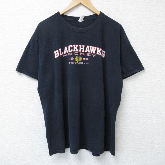 XL★古着 ジャージーズ 半袖 Tシャツ メンズ NHL シカゴブラックホークス コットン クルーネック 黒 ブラック アイスホッケー 25may23 中古