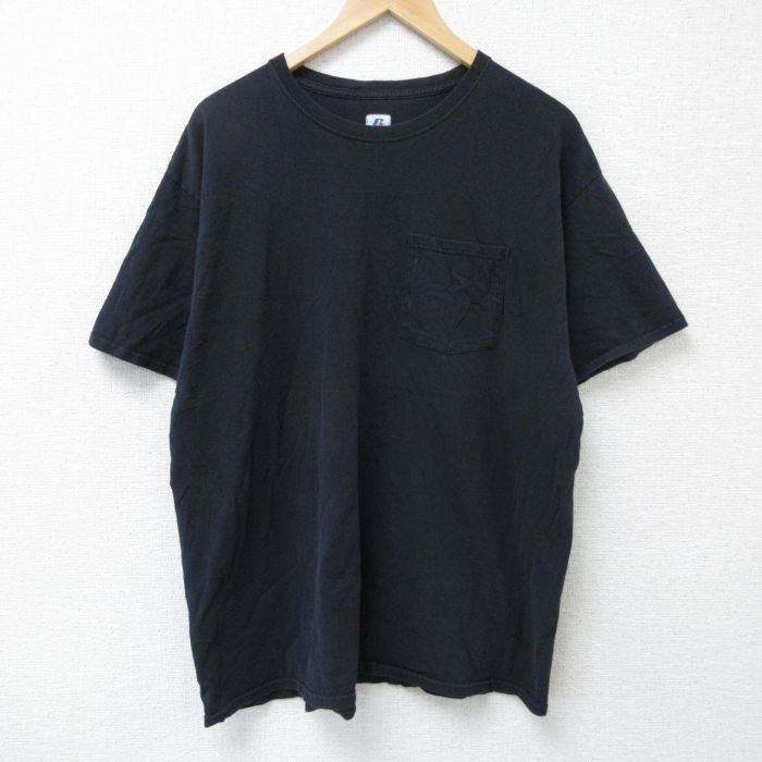 XL★古着 ラッセル 半袖 Tシャツ メンズ ワンポイントロゴ 大きいサイズ クルーネック 黒 ブラック 25may23 中古