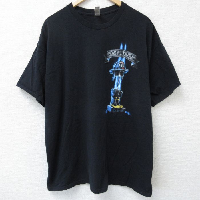 【50%OFF】XL★古着 半袖 Tシャツ メンズ 消防 大きいサイズ コットン クルーネック 黒 ブラック 25may23 中古
