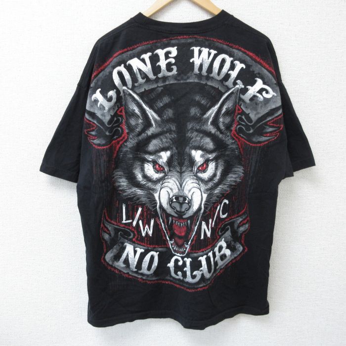 【50%OFF】XL★古着 半袖 Tシャツ メンズ ウルフ 大きいサイズ コットン クルーネック 黒 ブラック 25may23 中古