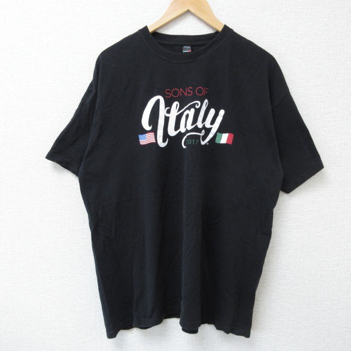 【50%OFF】XL★古着 半袖 Tシャツ メンズ イタリア コットン クルーネック 黒 ブラック 25may23 中古