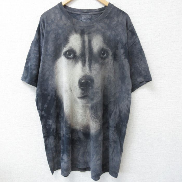XL★古着 半袖 Tシャツ メンズ 犬 ハスキー 大きいサイズ ロング丈 コットン クルーネック 黒他 ブラック タイダイ 25may23 中古