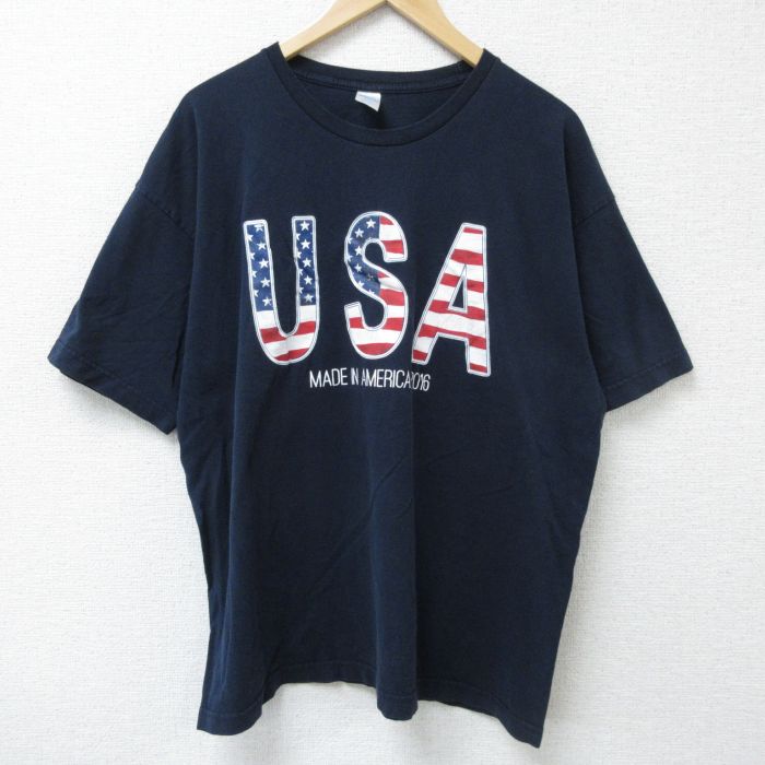 【50%OFF】XL★古着 半袖 Tシャツ メンズ USAロゴ 大きいサイズ コットン クルーネック USA製 紺 ネイビー 25may23 中古
