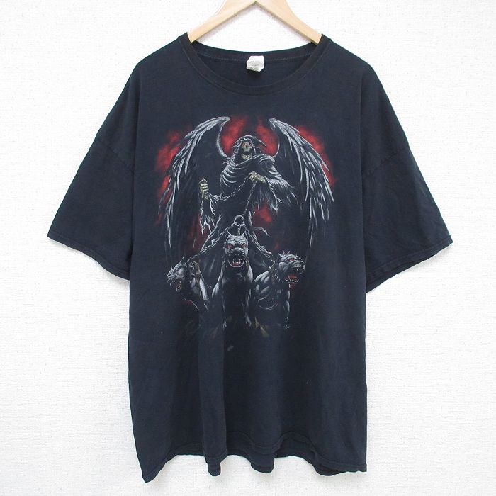 XL★古着 半袖 Tシャツ メンズ 死神 犬 大きいサイズ コットン クルーネック 黒 ブラック 25may23 中古