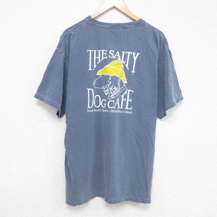 XL★古着 半袖 Tシャツ メンズ ソルティドッグカフェ 大きいサイズ コットン クルーネック 薄紺 ネイビー 霜降り 25may23 中古