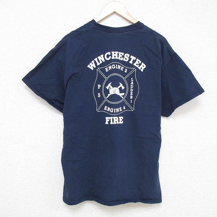 XL★古着 半袖 Tシャツ メンズ 消防署 コットン クルーネック 紺 ネイビー 25may23 中古