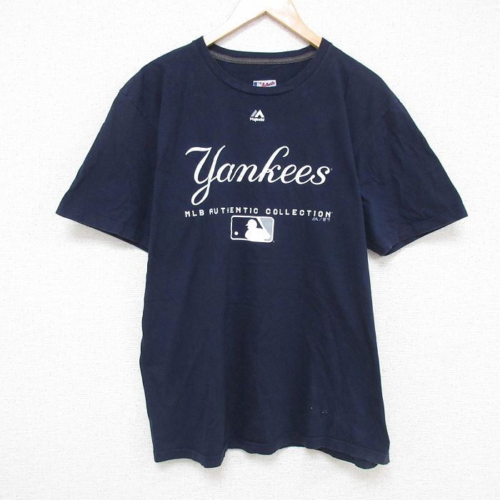 【50%OFF】L★古着 半袖 Tシャツ メンズ MLB ニューヨークヤンキース コットン クルーネック 紺 ネイビー メジャーリーグ ベースボール 野球 25may23 中古