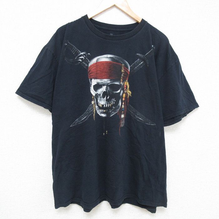 XL★古着 半袖 Tシャツ メンズ ディズニー DISNEY パイレーツオブカリビアン 大きいサイズ コットン クルーネック 黒 ブラック 25may23 中古