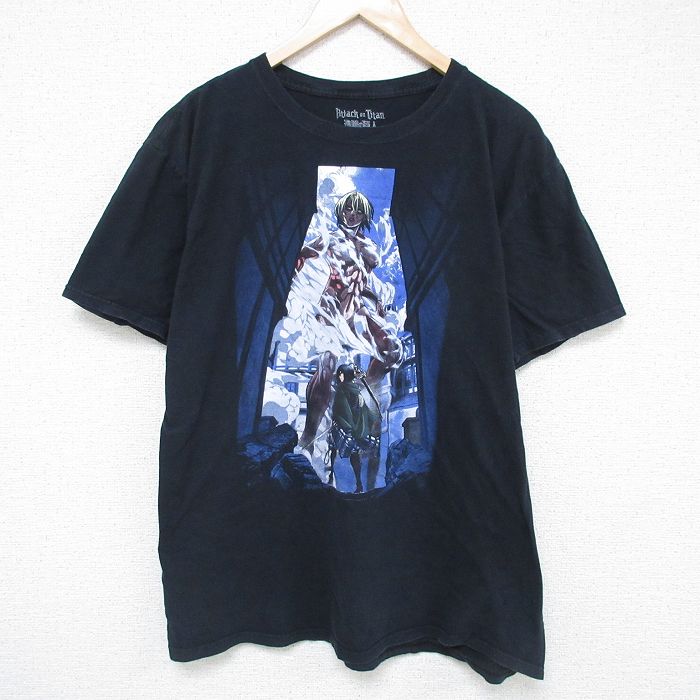 XL★古着 半袖 Tシャツ メンズ アニメ 進撃の巨人 コットン クルーネック 黒 ブラック 25may23 中古