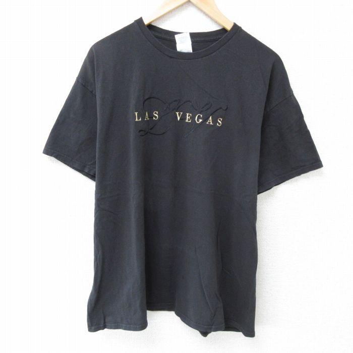 XL★古着 半袖 Tシャツ メンズ ラスベガス 刺繍 コットン クルーネック 黒 ブラック 25may23 中古