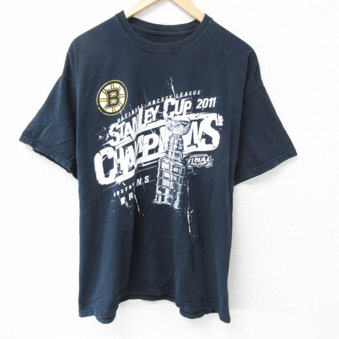 XL★古着 半袖 Tシャツ メンズ NHL ボストンブルーインズ クルーネック 黒 ブラック アイスホッケー 25may23 中古