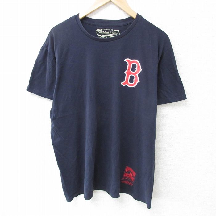 XL★古着 半袖 Tシャツ メンズ MLB ボストンレッドソックス コットン クルーネック 紺 ネイビー メジャーリーグ ベースボール 野球 25may23 中古