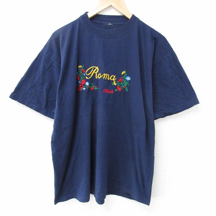 XL★古着 半袖 Tシャツ メンズ ローマ 花 刺繍 大きいサイズ クルーネック 紺 ネイビー 25may23 中古