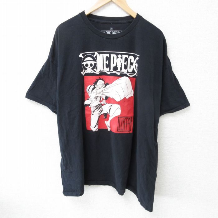 XL★古着 半袖 Tシャツ メンズ アニメ ワンピース モンキーDルフィ 大きいサイズ コットン クルーネック 黒 ブラック 25may23 中古