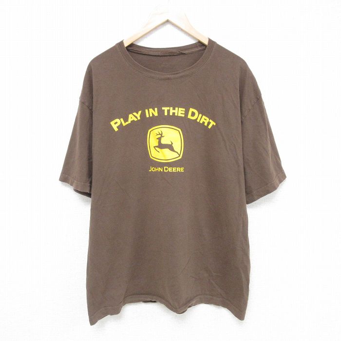 XL★古着 半袖 Tシャツ メンズ ジョンディア 大きいサイズ クルーネック 茶 ブラウン 25jun05 中古