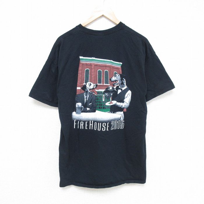 L★古着 半袖 Tシャツ メンズ 犬 コットン クルーネック 黒 ブラック 25jun05 中古