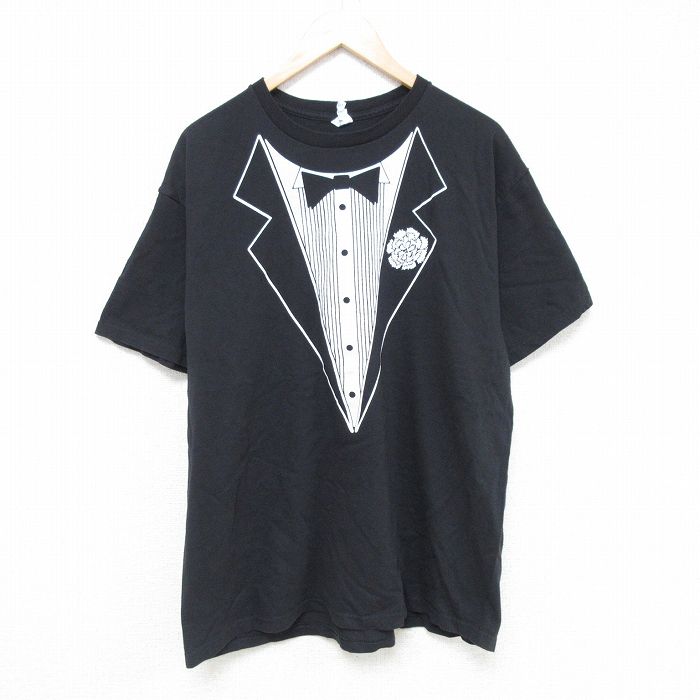 【50%OFF】XL★古着 半袖 Tシャツ メンズ タキシード コットン クルーネック 黒 ブラック 25jun05 中古