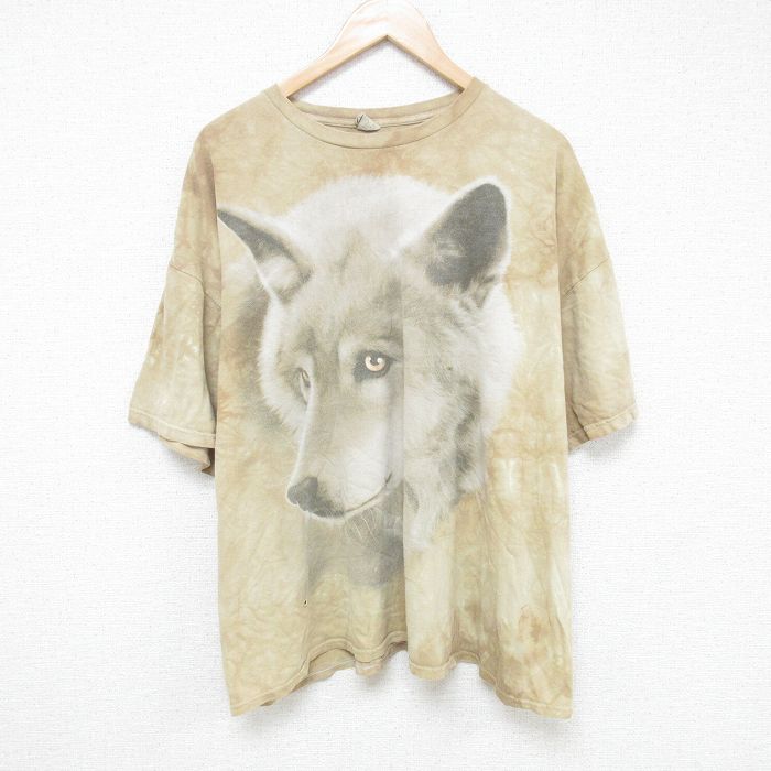 【50%OFF】XL★古着 半袖 Tシャツ メンズ オオカミ 大きいサイズ コットン クルーネック 薄茶他 ブラウン タイダイ 25jun05 中古