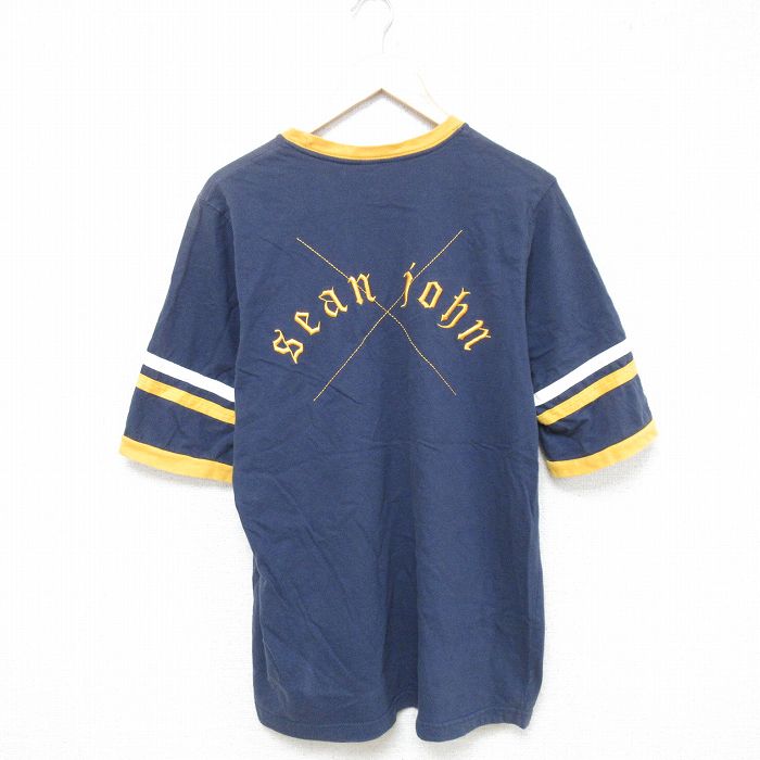L★古着 ショーンジョン 半袖 Tシャツ メンズ チョコチン 刺繍 コットン クルーネック 紺 ネイビー リンガー 25jun05 中古