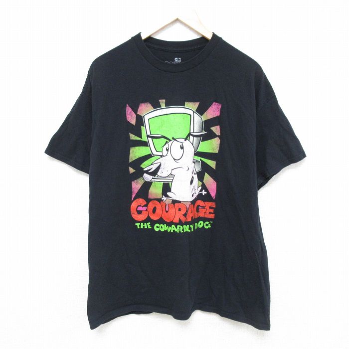 XL★古着 半袖 Tシャツ メンズ アニメ おくびょうなカーレッジくん コットン クルーネック 黒 ブラック 25jun05 中古
