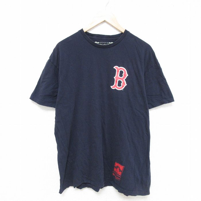 【20%OFF】XL★古着 半袖 Tシャツ メンズ MLB ボストンレッドソックス コットン クルーネック 濃紺 ネイビー メジャーリーグ ベースボール 野球 25jun05 中古