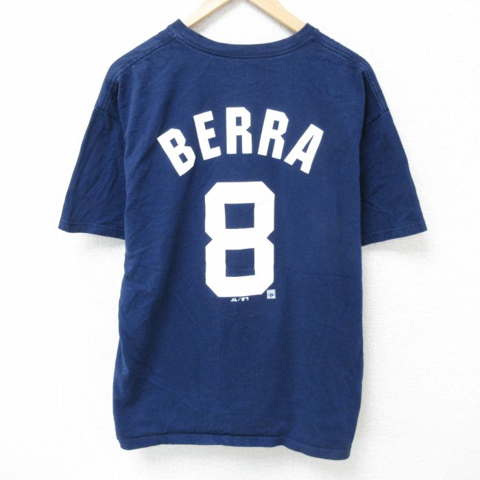 XL★古着 マジェスティック 半袖 Tシャツ メンズ MLB ニューヨークヤンキース ヨギバラ 8 コットン クルーネック 紺 ネイビー メジャーリーグ ベースボール 野球 25may24 中古