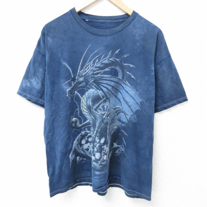 XL★古着 半袖 Tシャツ メンズ ドラゴン 大きいサイズ クルーネック 薄紺他 ネイビー タイダイ 25may24 中古
