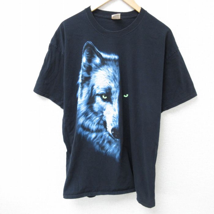 XL★古着 フルーツオブザルーム 半袖 Tシャツ メンズ オオカミ コットン クルーネック 黒 ブラック 25may24 中古