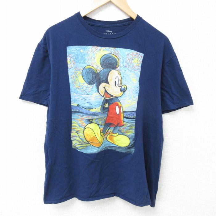 XL★古着 半袖 Tシャツ メンズ ディズニー DISNEY ミッキー MICKEY MOUSE コットン クルーネック 紺 ネイビー 25may24 中古