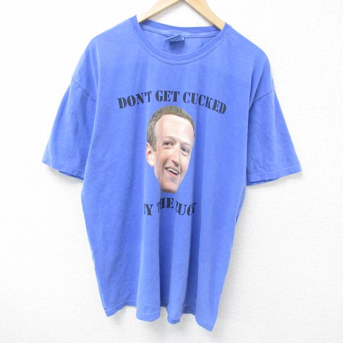 XL★古着 半袖 Tシャツ メンズ マークザッカーバーグ 大きいサイズ コットン クルーネック 薄紺 ネイビー 25may24 中古