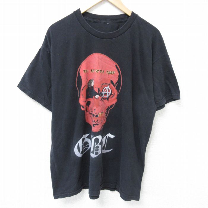 XL★古着 半袖 Tシャツ メンズ スカル クルーネック 黒 ブラック 25may24 中古