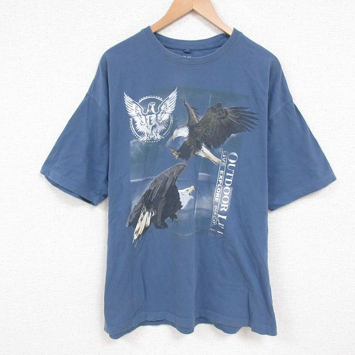 XL★古着 半袖 Tシャツ メンズ 鳥 コットン クルーネック 薄紺 ネイビー 25jun05 中古