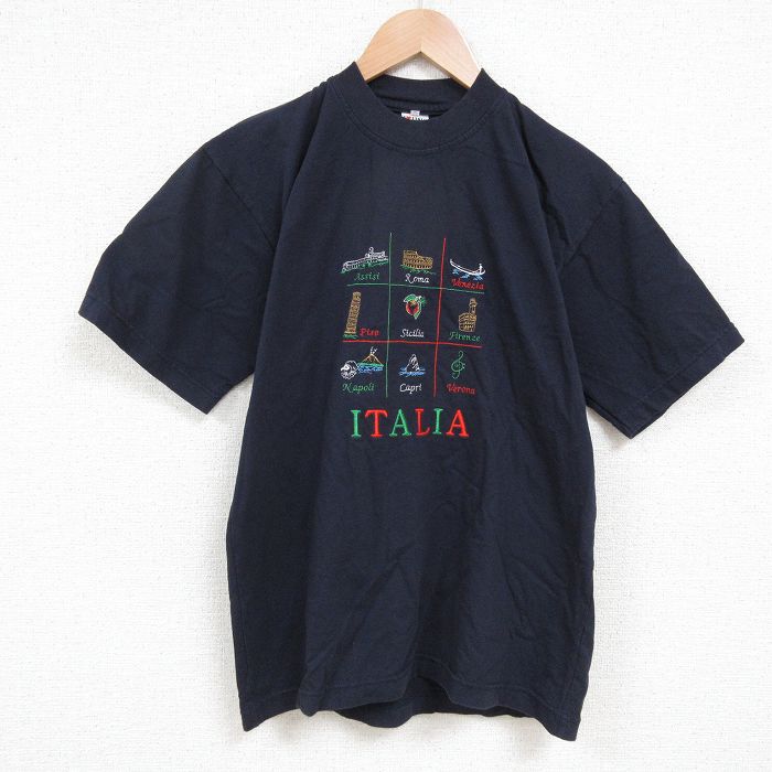 M★古着 半袖 Tシャツ メンズ イタリア 刺繍 コットン クルーネック 濃紺 ネイビー 【spe】 25jun05 中古