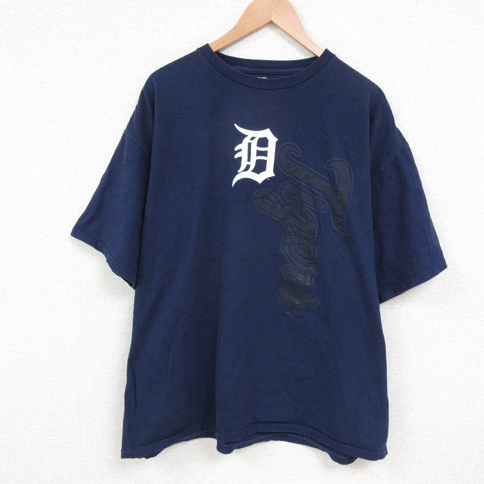 XL★古着 半袖 Tシャツ メンズ MLB デトロイトタイガース 大きいサイズ コットン クルーネック 紺 ネイビー メジャーリーグ ベースボール 野球 25jun05 中古